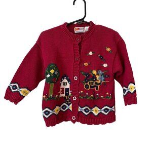 Vintage McKids Toddler Cardigan Sweater 24 Months Red Knit Farm Scene Ramie/Cott
